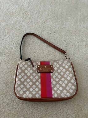 kate spade Beige Logo-Print Wristlet with Red-Pink Stripe
